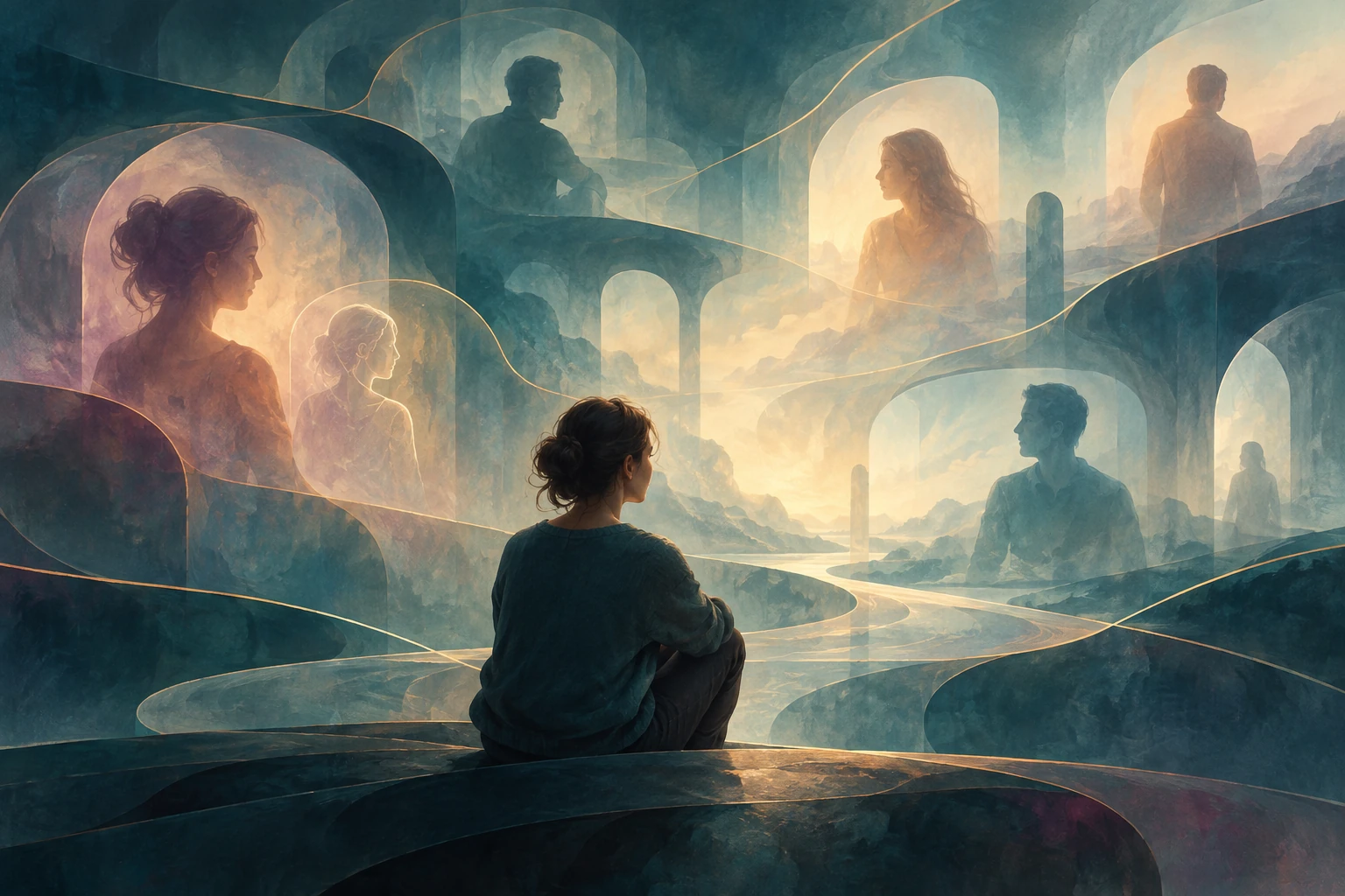 Ilustração de uma pessoa observando representações internas de outras pessoas em um espaço imaginado.